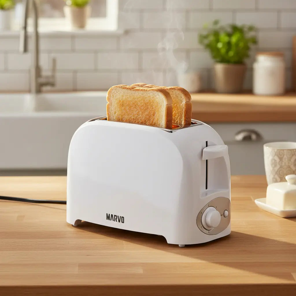 Tostadora Marvo 2 Panes Blanca 750W con 7 Niveles de Tostado